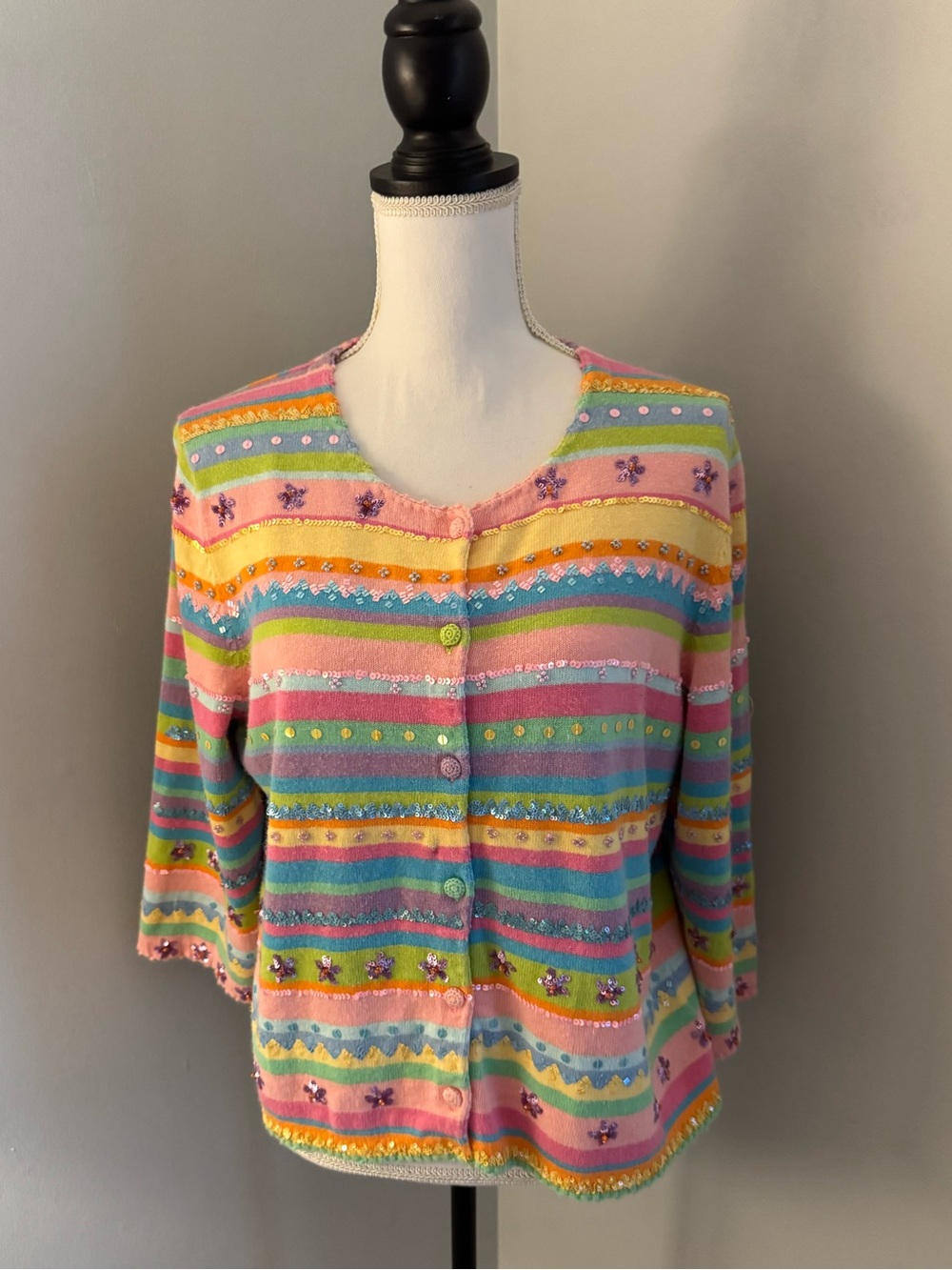 Vintage Michael Simon Multicolor Sequin Sweater Cardigan Pastels L